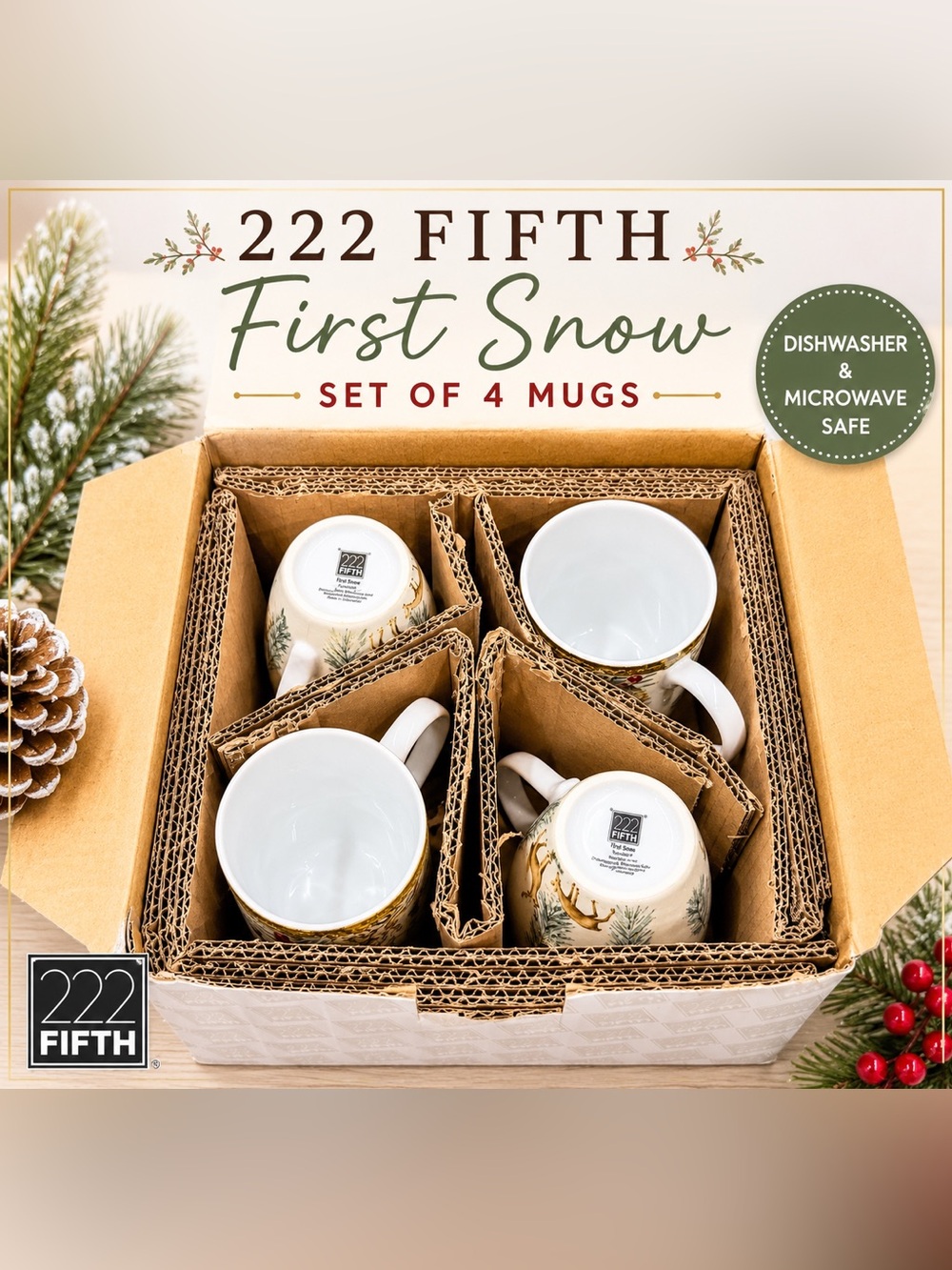 222 Fifth First Snow Porcelain Mug Set of 4 Winter Deer Christmas Mugs - Picture 2 of 2